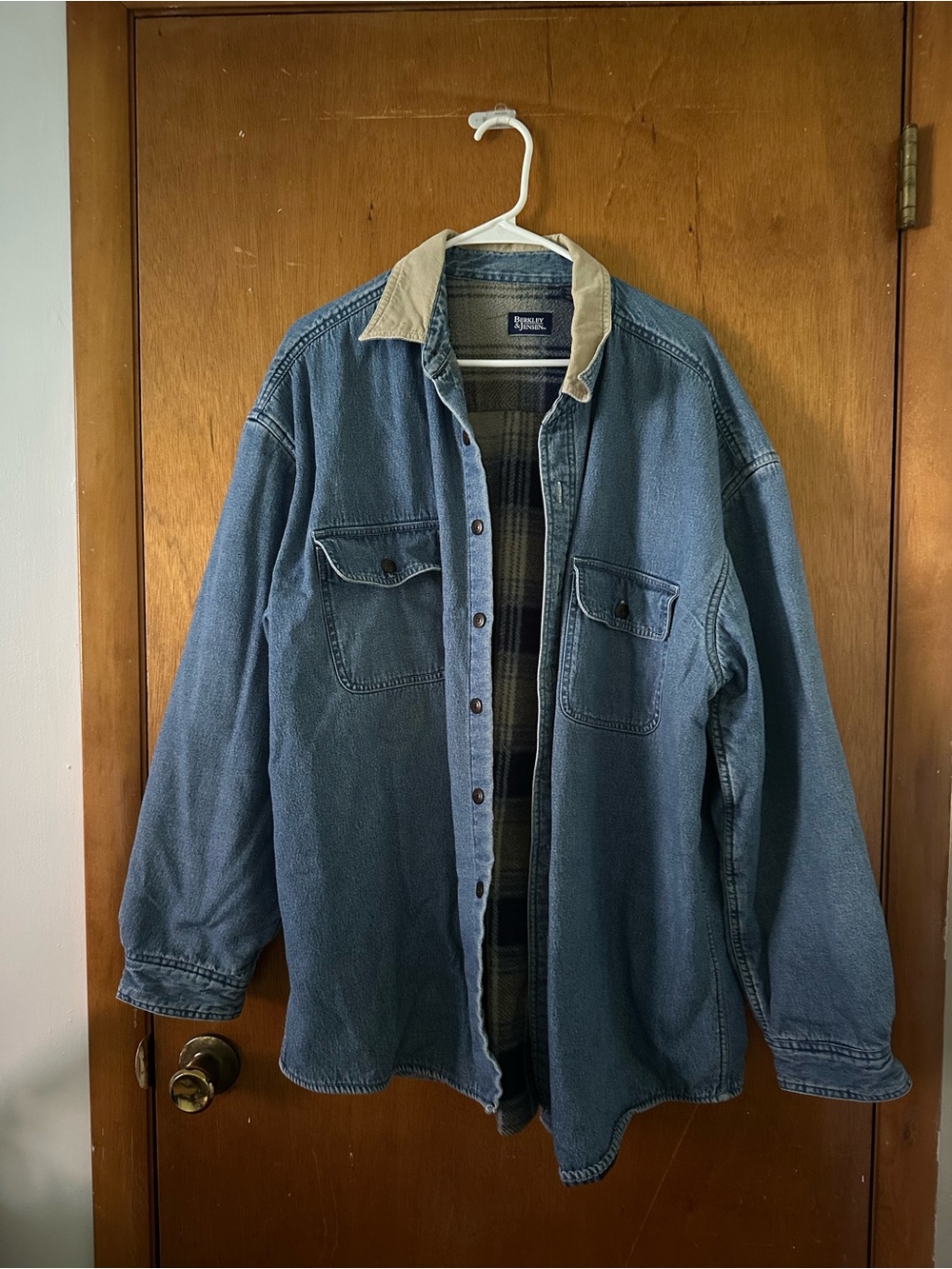 Denim Shirt Jacket with Corduroy Collar - Blue